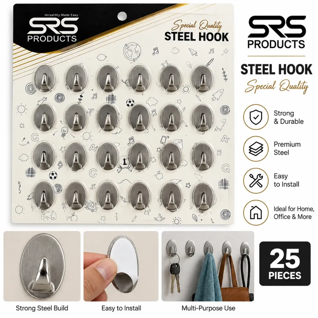 Stainless Steel Adhesive Hooks – 25 Pcs