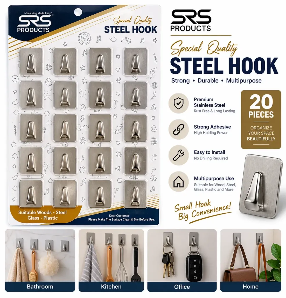 SRS Stainless Steel Adhesive Hooks – 20 Pcs
