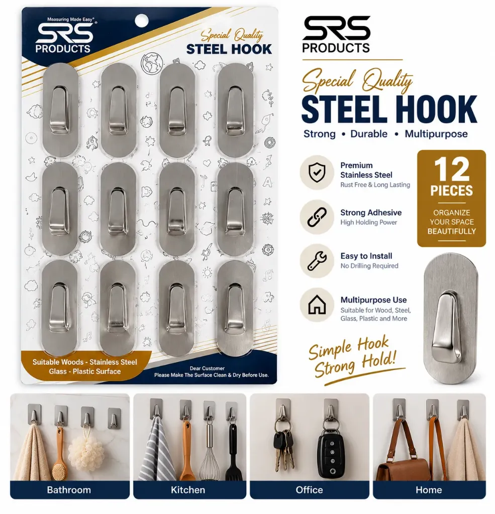 SRS Stainless Steel Adhesive Hooks – 12 Pcs