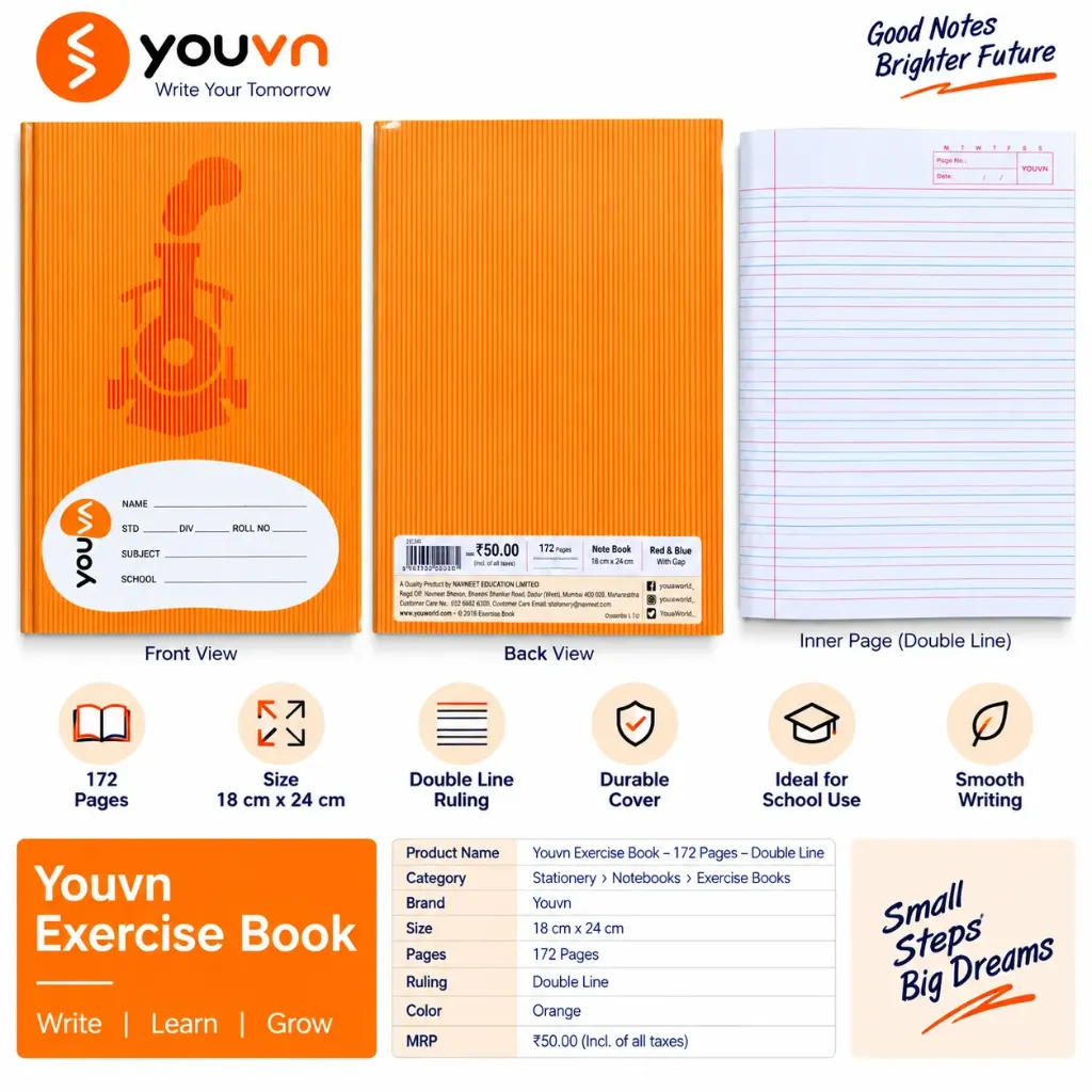 Youvn Exercise Book – 172 Pages – Double Line (Red & Blue) – 18 × 24 cm