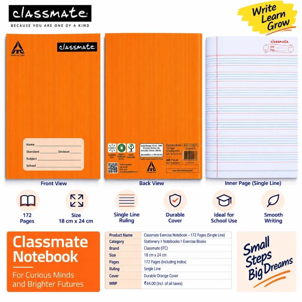 Classmate Exercise Notebook – 172 Pages (Five Lines with Gap)