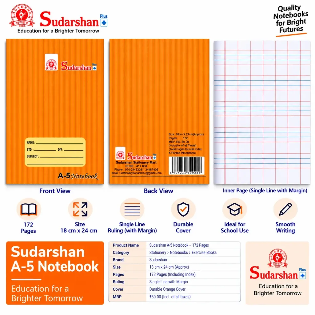 Sudarshan A-5 Notebook – 172 Pages (Square Ruling)