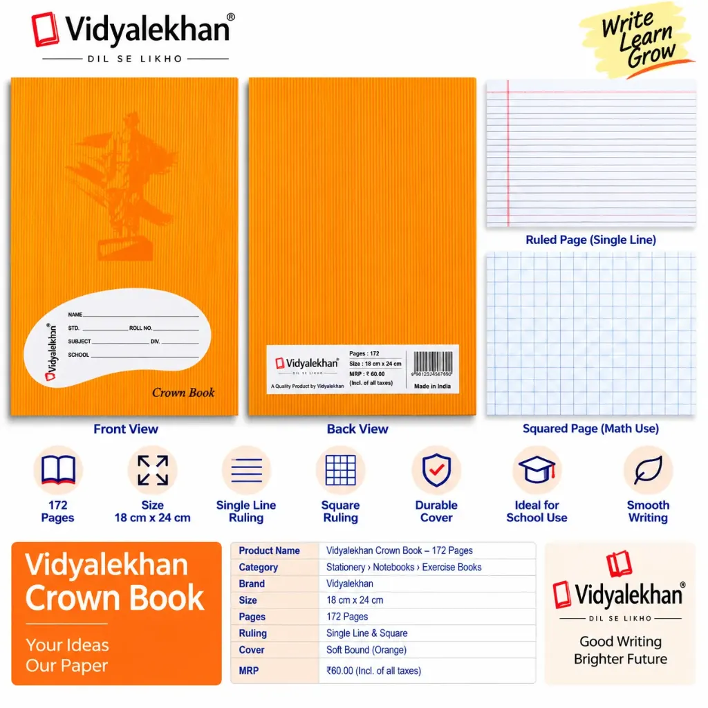 Vidyalekhan Crown Book – 172 Pages, 3-in-1 Ruled & Square Notebook