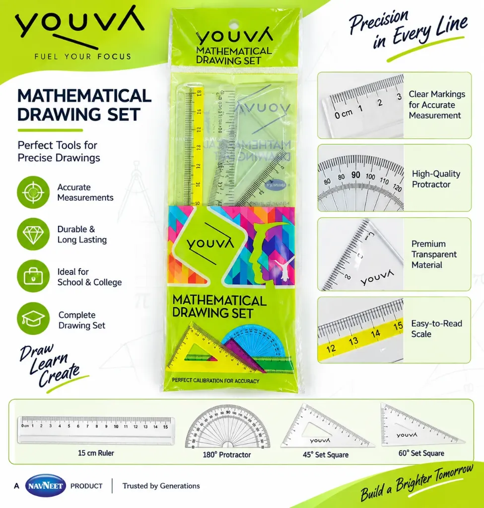 Youva Mathematical Drawing Set – 4 Piece Geometry Set