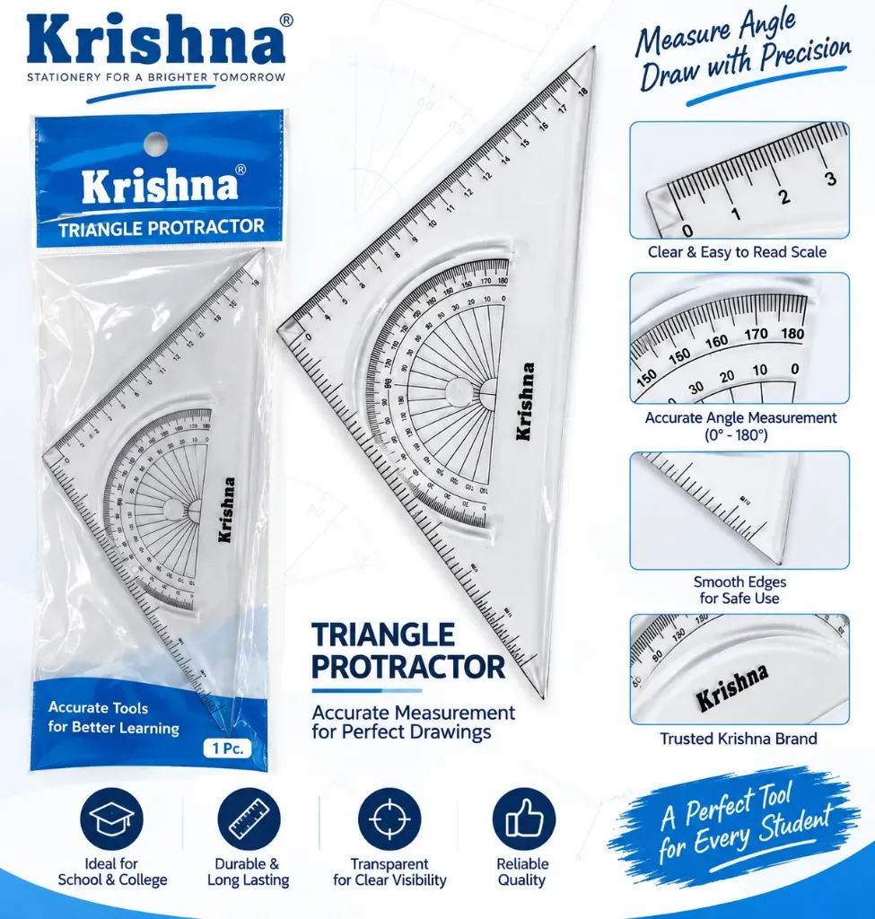 Krishna Triangle Protractor with Ruler – Transparent Geometry Tool
