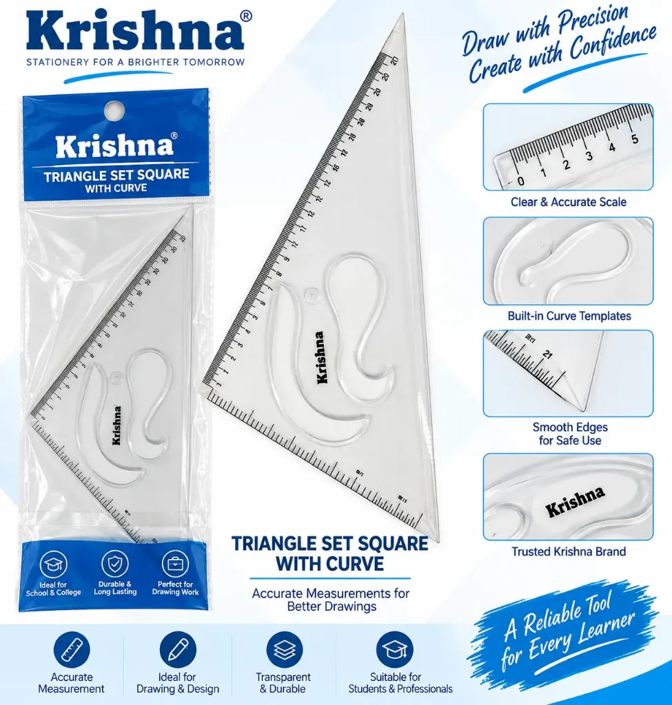 Krishna Triangle Set Square with Curve – Transparent Geometry Ruler