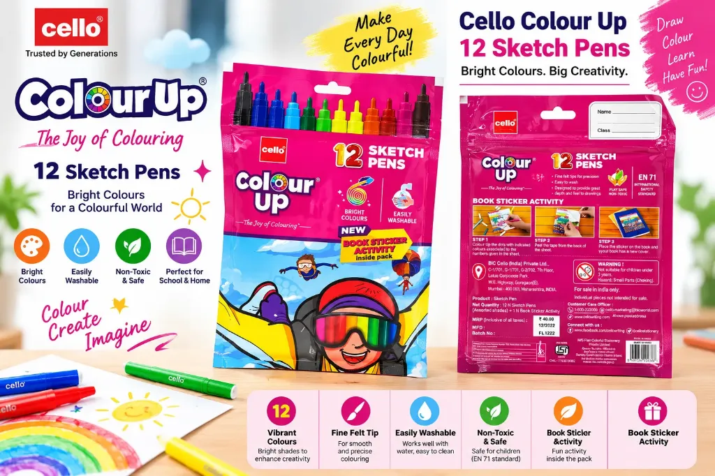 Cello Colour Up 12 Sketch Pens – Bright Colours | Easily Washable