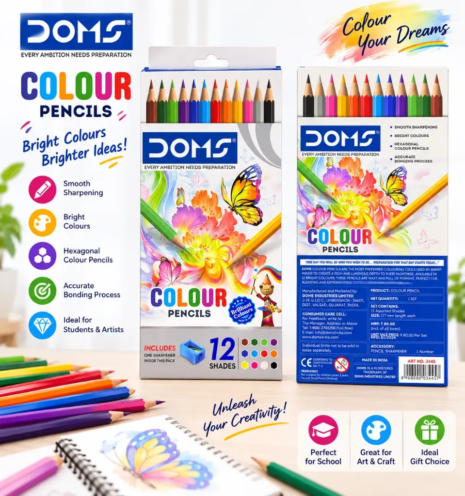 DOMS Colour Pencils – 12 Shades with Free Sharpener