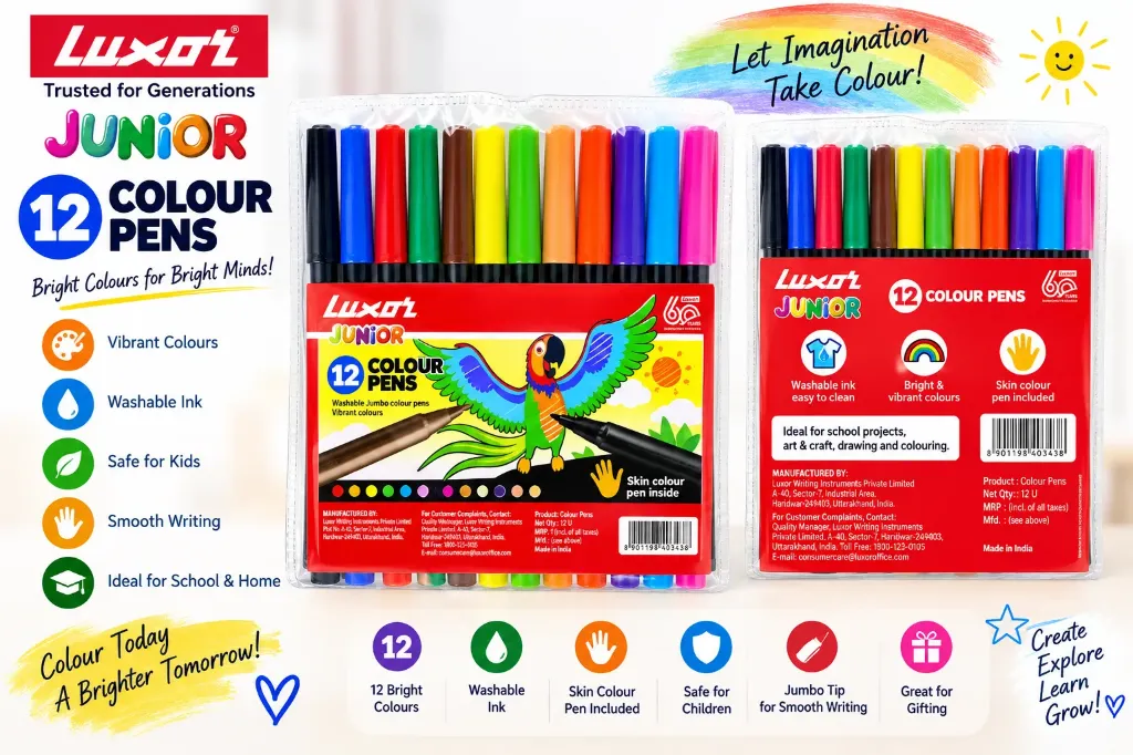 Luxor Junior 12 Colour Pens – Washable Jumbo Colour Pens