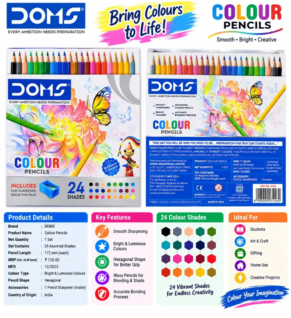 DOMS Colour Pencils – 24 Shades with Sharpener